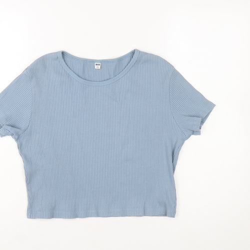 Uniqlo Women Blue Ribbed Cropped T-Shirt Size L