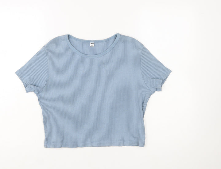 Uniqlo Women Blue Ribbed Cropped T-Shirt Size L