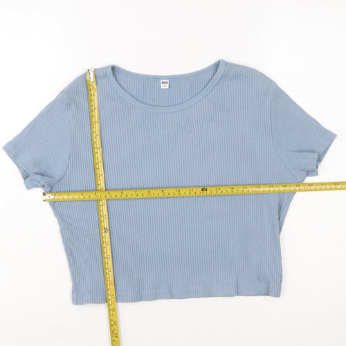 Uniqlo Women Blue Ribbed Cropped T-Shirt Size L