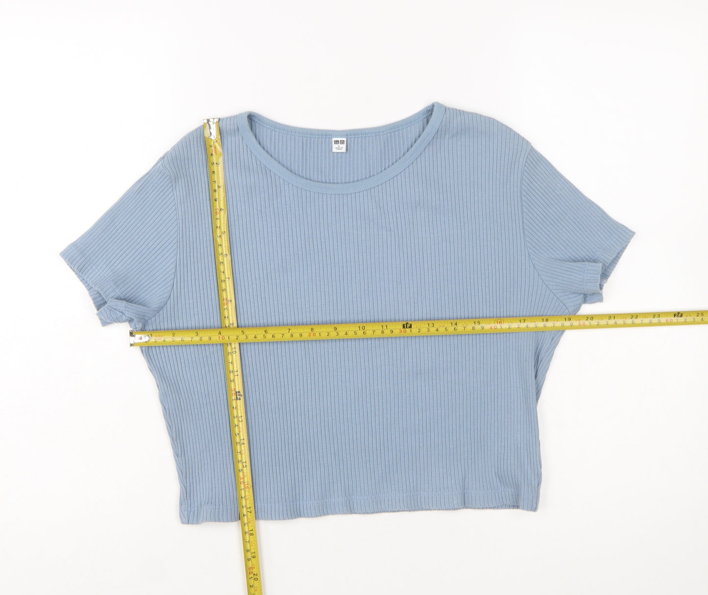 Uniqlo Women Blue Ribbed Cropped T-Shirt Size L