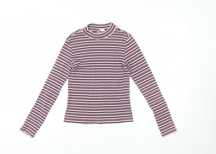 Monki Women’s Pink Striped Long Sleeve Mock Neck Jersey Top Size S