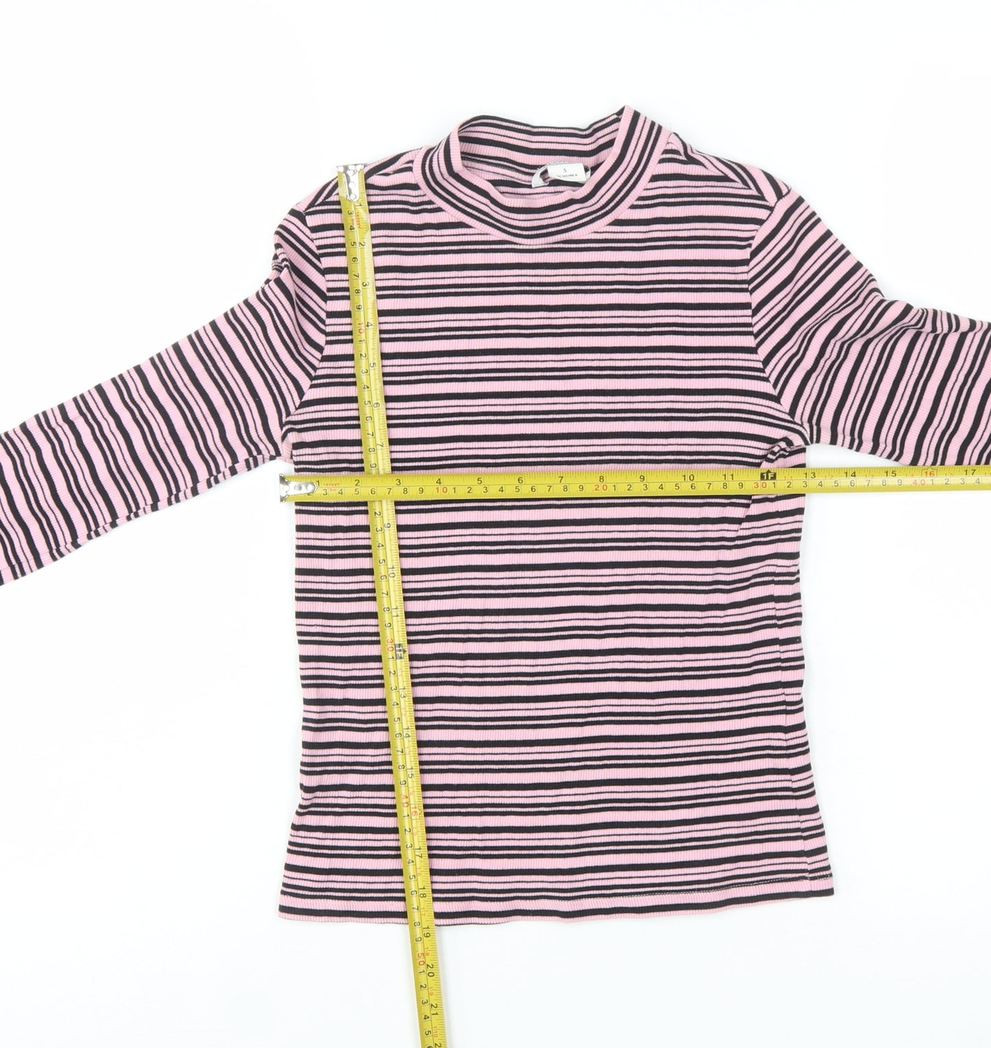 Monki Women’s Pink Striped Long Sleeve Mock Neck Jersey Top Size S