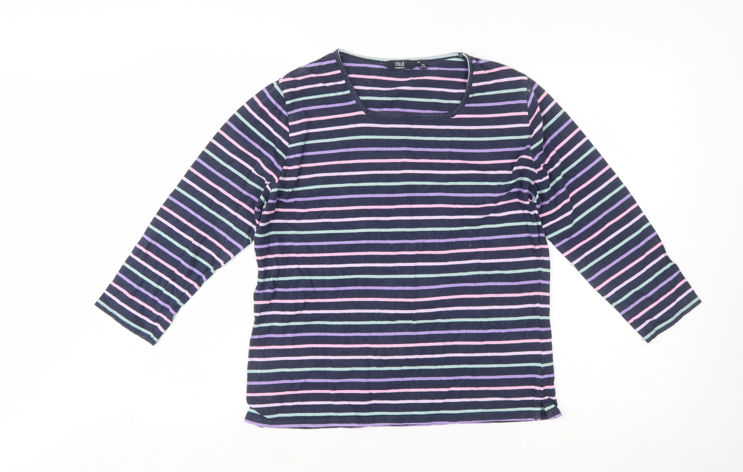 Isle Essentials Womens Multicoloured Striped Cotton 3/4 Sleeve Top Size 14