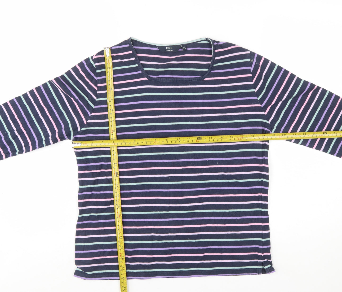 Isle Essentials Womens Multicoloured Striped Cotton 3/4 Sleeve Top Size 14