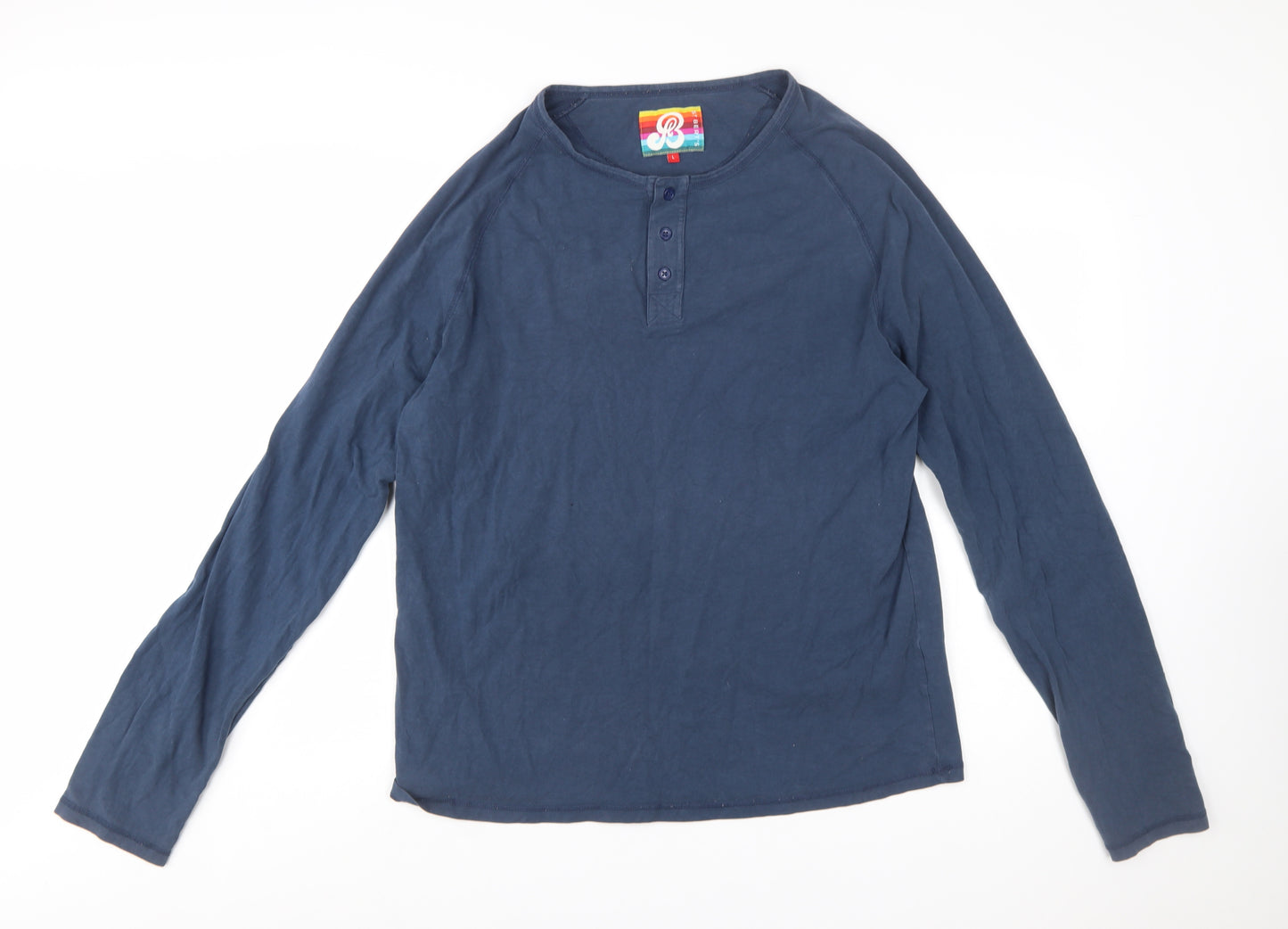 St Bert's Men's Blue Long Sleeve Henley Cotton T-Shirt Size L