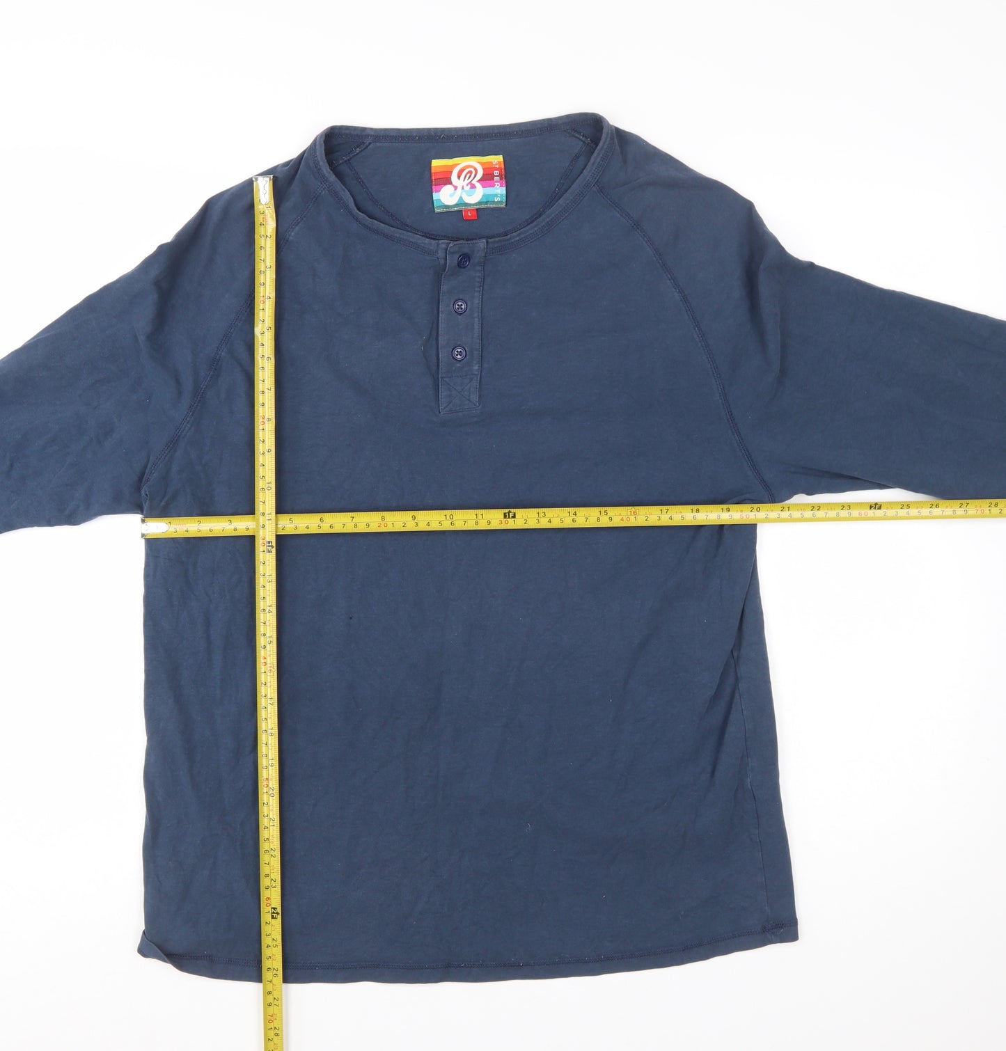 St Bert's Men's Blue Long Sleeve Henley Cotton T-Shirt Size L