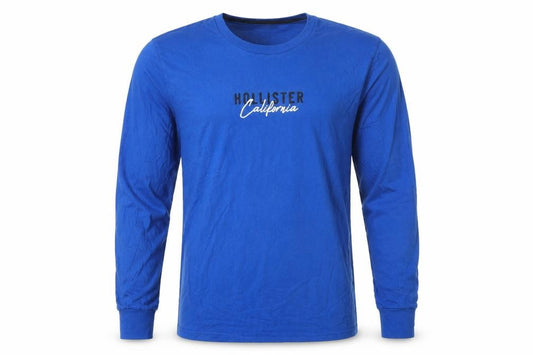 Front view of Hollister Men’s Blue Long Sleeve Cotton Crew Neck T-Shirt, size M