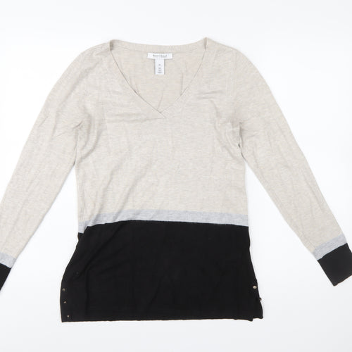 White House Black Market Womens Beige Black XS V-Neck Long Sleeve Pullover Jumper