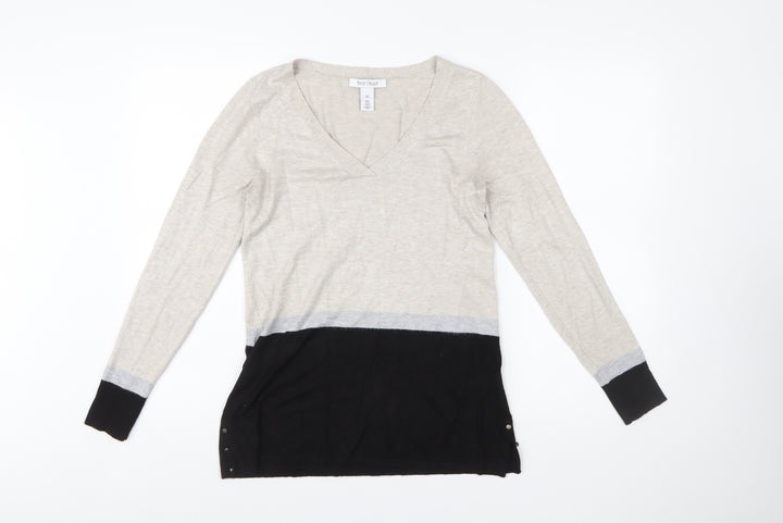 White House Black Market Womens Beige Black XS V-Neck Long Sleeve Pullover Jumper