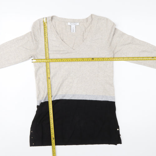 White House Black Market Womens Beige Black XS V-Neck Long Sleeve Pullover Jumper