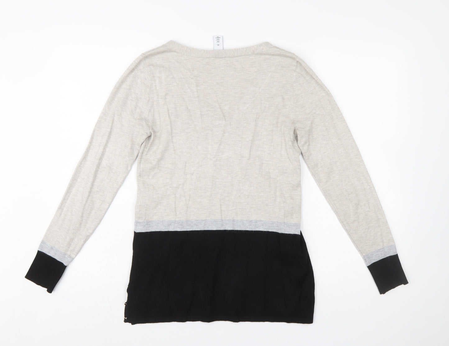 White House Black Market Womens Beige Black XS V-Neck Long Sleeve Pullover Jumper
