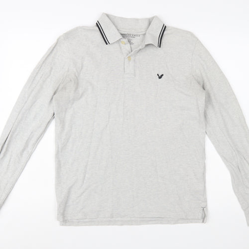 American Eagle Men's Grey Slim Fit Long Sleeve Polo Shirt M