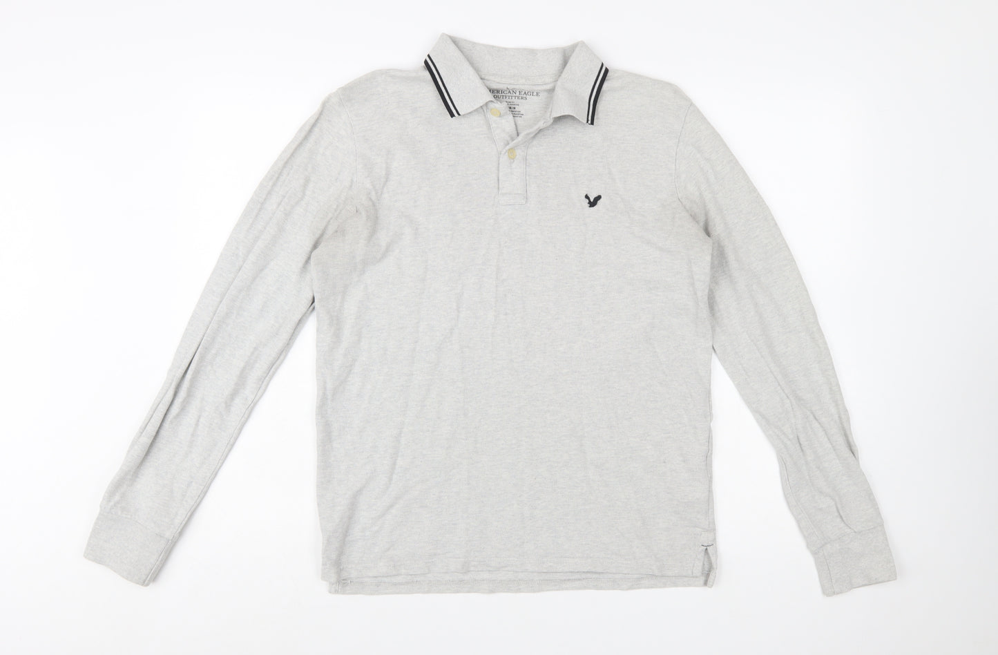 American Eagle Men's Grey Slim Fit Long Sleeve Polo Shirt M