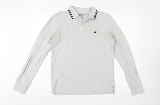 American Eagle Men's Grey Slim Fit Long Sleeve Polo Shirt M