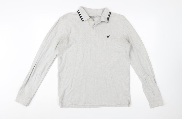 American Eagle Men's Grey Slim Fit Long Sleeve Polo Shirt M