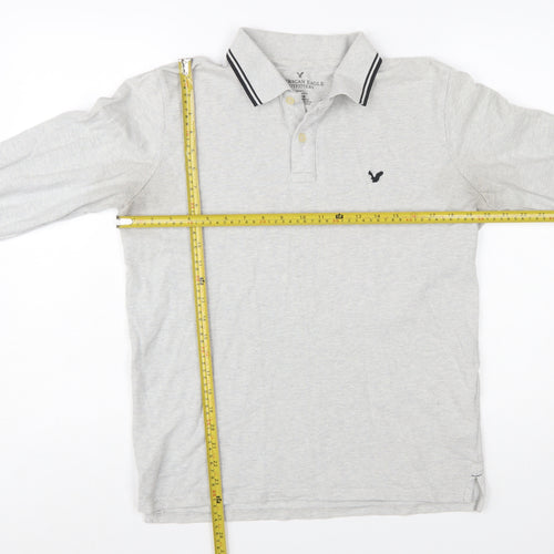 American Eagle Men's Grey Slim Fit Long Sleeve Polo Shirt M