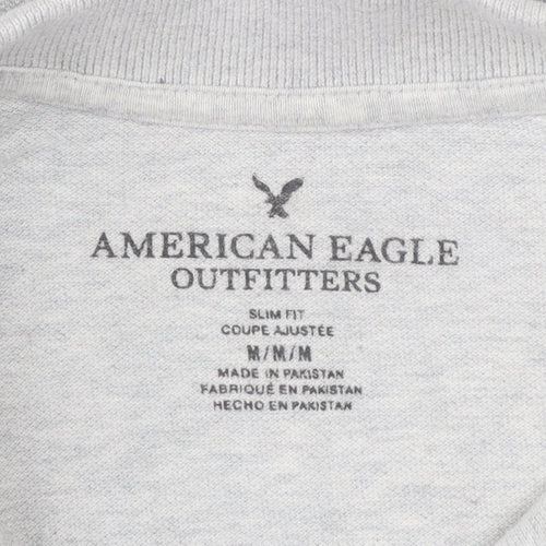 American Eagle Men's Grey Slim Fit Long Sleeve Polo Shirt M