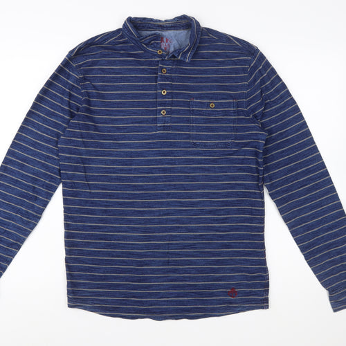 White Stuff Men's Blue Striped Long Sleeve Polo Shirt Size S