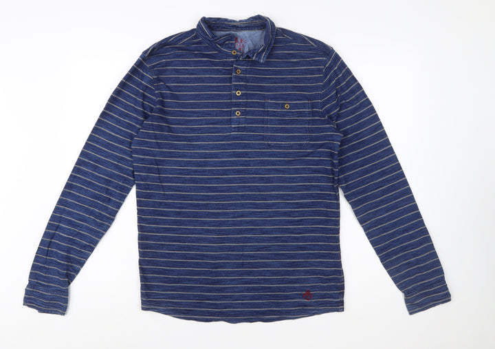 White Stuff Men's Blue Striped Long Sleeve Polo Shirt Size S
