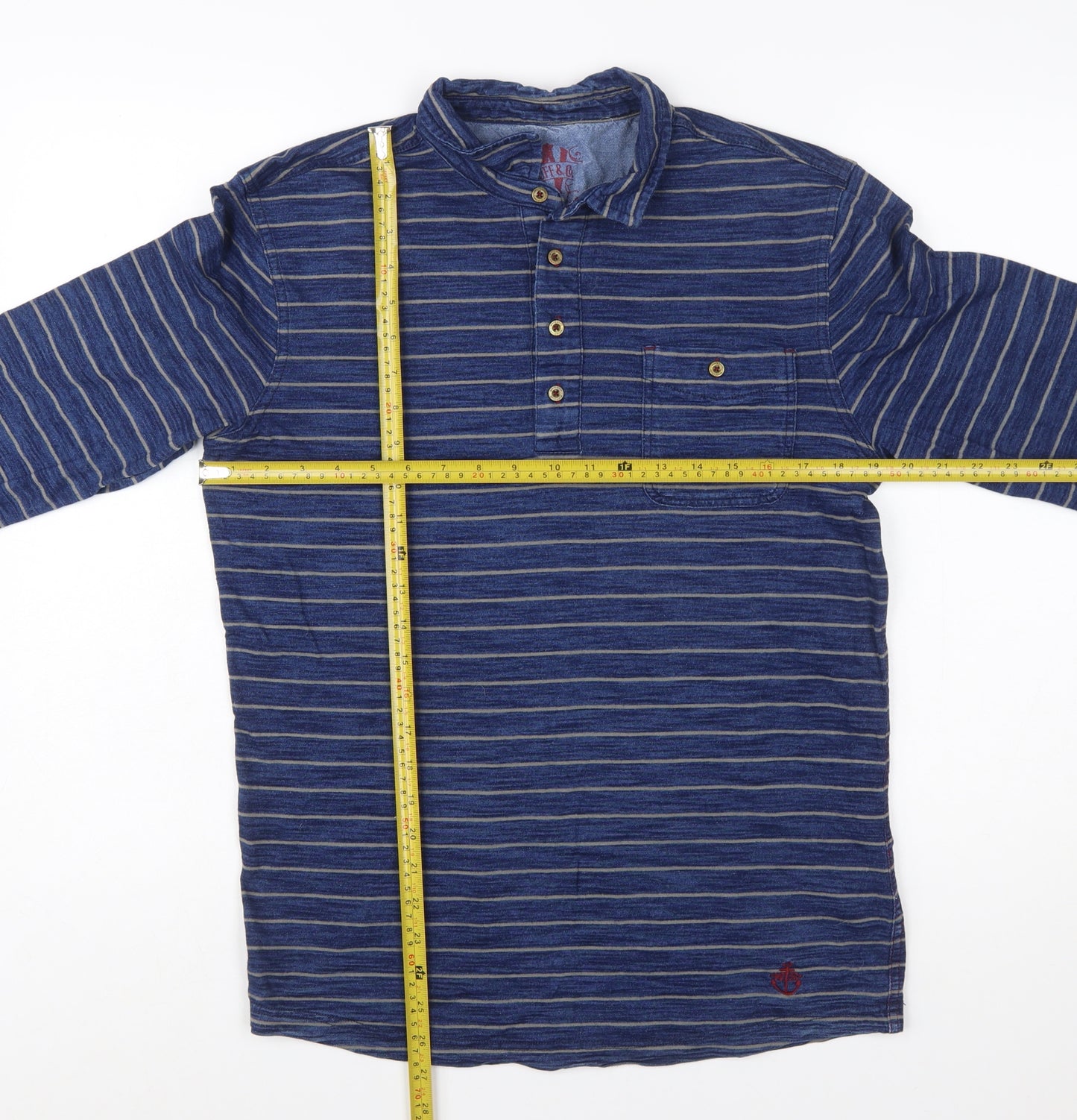 White Stuff Men's Blue Striped Long Sleeve Polo Shirt Size S