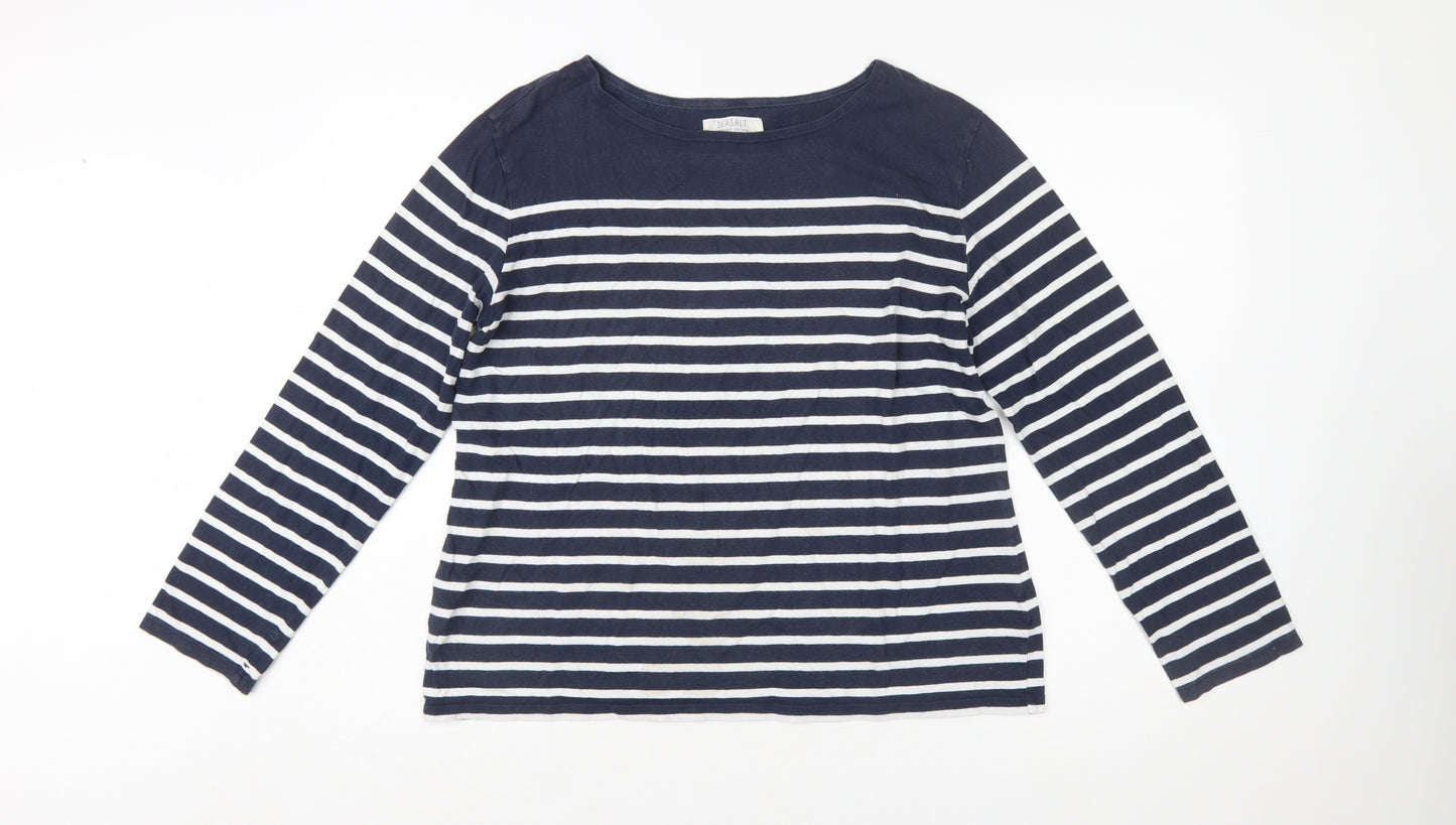 Seasalt Women Blue Striped Boat Neck Organic Cotton Long Sleeve T-Shirt Size 16