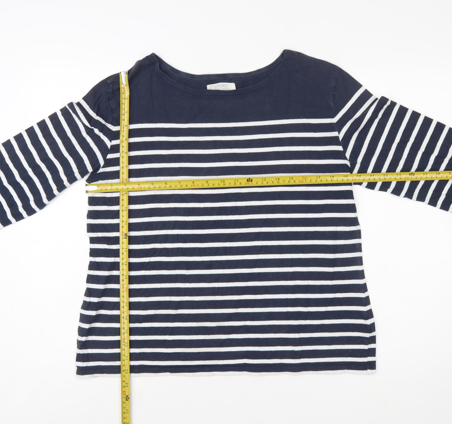 Seasalt Women Blue Striped Boat Neck Organic Cotton Long Sleeve T-Shirt Size 16