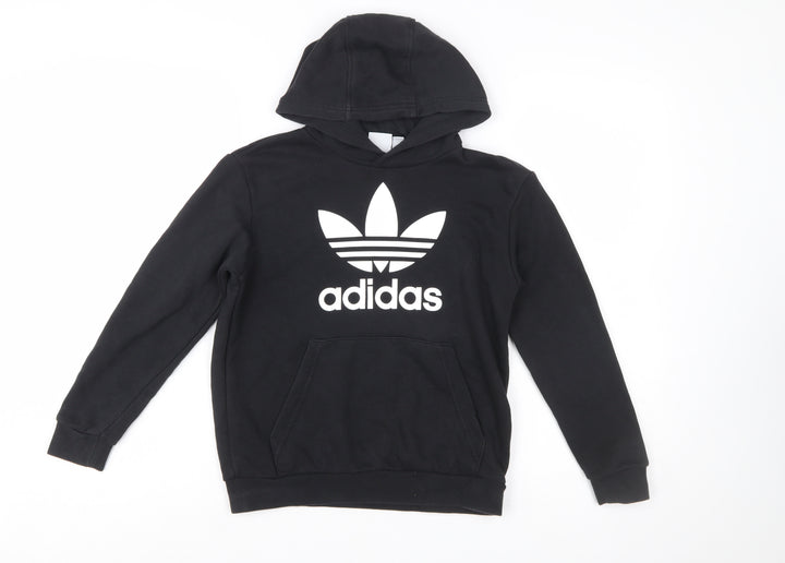 Adidas Boys Black Pullover Hoodie 10-11 Years Cotton Blend Trefoil Logo