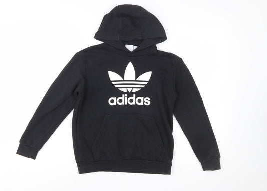 Adidas Boys Black Pullover Hoodie 10-11 Years Cotton Blend Trefoil Logo