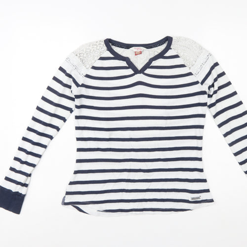Palmer Heritage Womens Blue White Striped Lace Long Sleeve T-Shirt Size 10