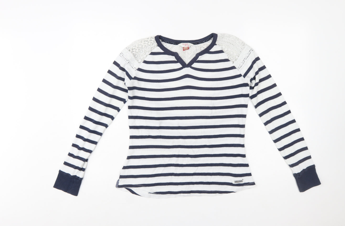 Palmer Heritage Womens Blue White Striped Lace Long Sleeve T-Shirt Size 10