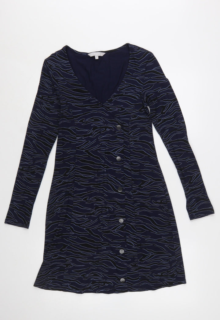 Red Herring Womens Blue Animal Print Button Down Shift Dress Size 10