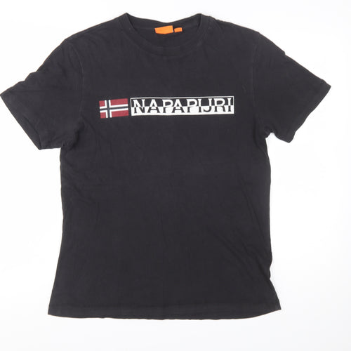 Napapijri Men Black Regular Fit Logo Graphic Cotton T-Shirt Size S