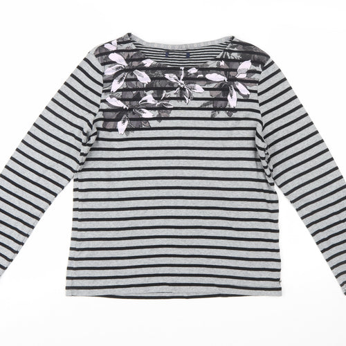 Maine Women's Grey Striped Floral Cotton Long Sleeve T-Shirt Size 14