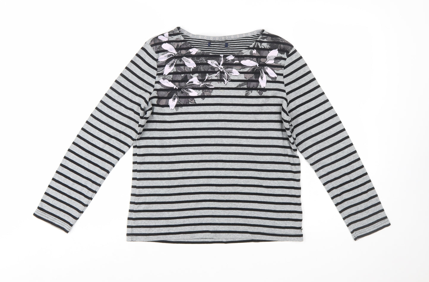Maine Women's Grey Striped Floral Cotton Long Sleeve T-Shirt Size 14