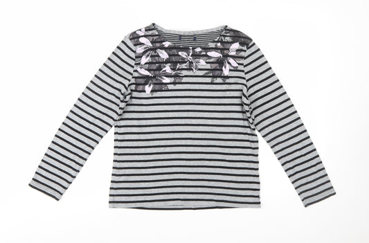 Maine Women's Grey Striped Floral Cotton Long Sleeve T-Shirt Size 14