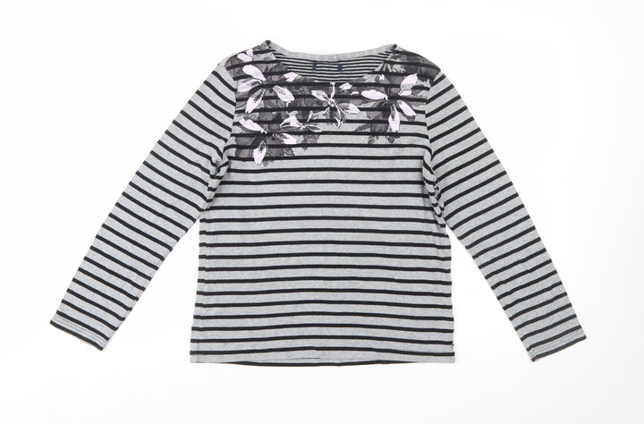 Maine Women's Grey Striped Floral Cotton Long Sleeve T-Shirt Size 14