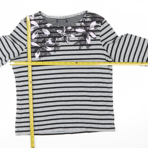 Maine Women's Grey Striped Floral Cotton Long Sleeve T-Shirt Size 14
