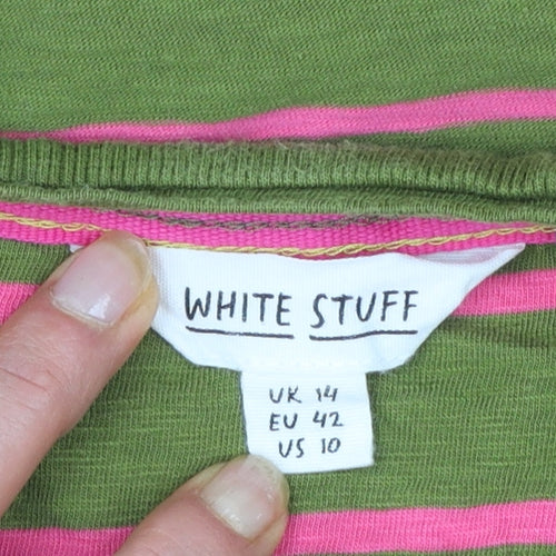White Stuff Womens Green Pink Striped Long Sleeve Cotton Top UK 14
