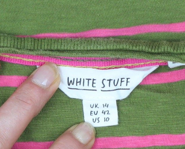 White Stuff Womens Green Pink Striped Long Sleeve Cotton Top UK 14