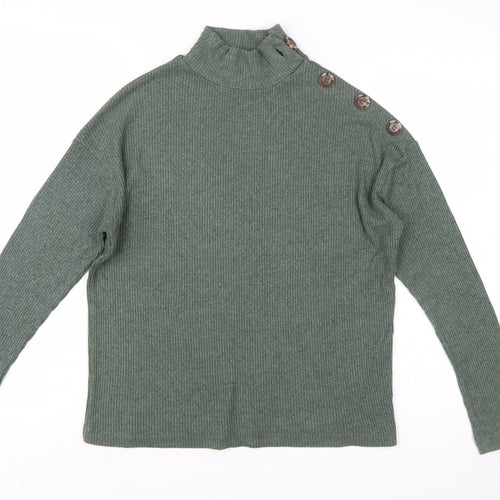 Stradivarius Women’s Green Mock Neck Button Ribbed Knit Jumper Size 8
