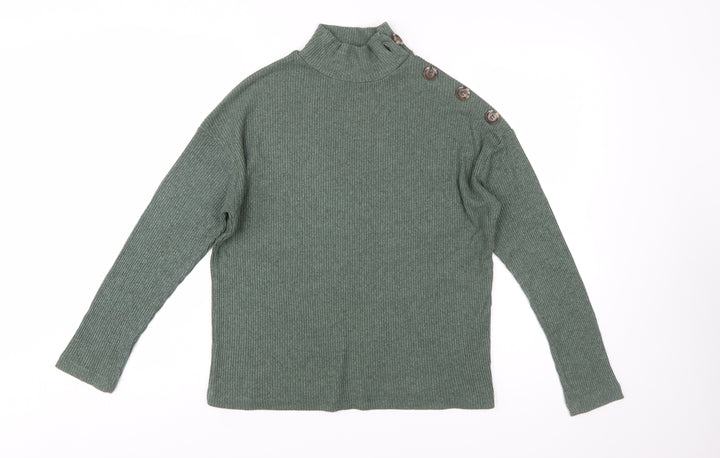 Stradivarius Women’s Green Mock Neck Button Ribbed Knit Jumper Size 8