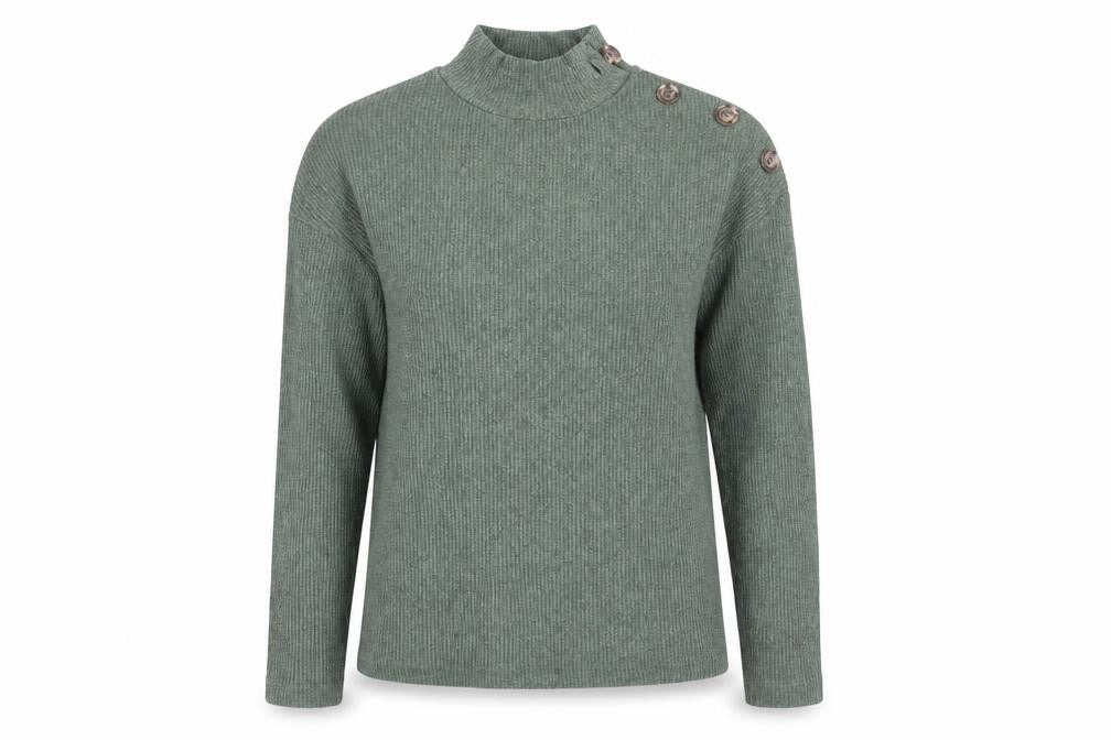 Stradivarius Women’s Green Mock Neck Button Ribbed Knit Jumper Size 8