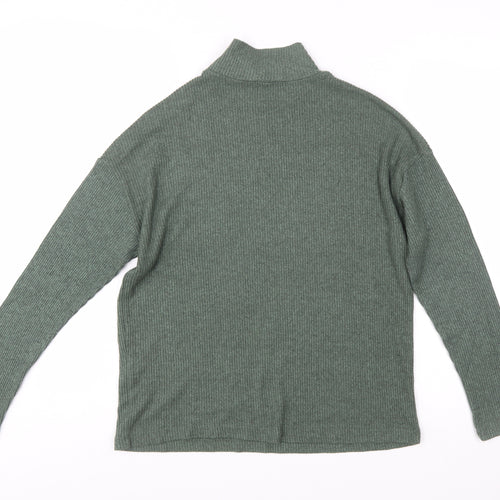 Stradivarius Women’s Green Mock Neck Button Ribbed Knit Jumper Size 8