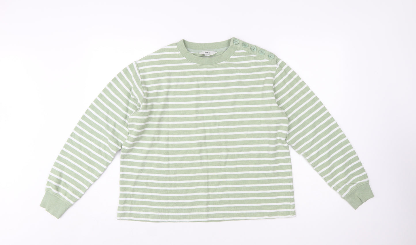 Marks and Spencer Women's Green Striped Cotton Pullover Jumper M