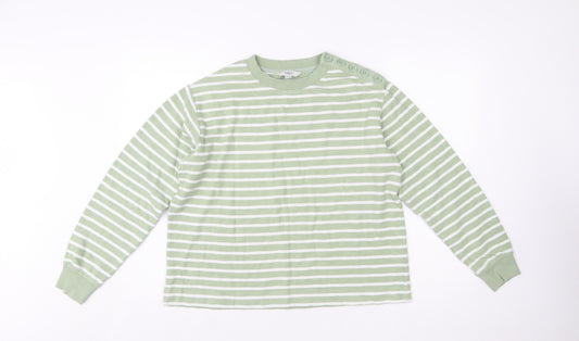 Marks and Spencer Women's Green Striped Cotton Pullover Jumper M