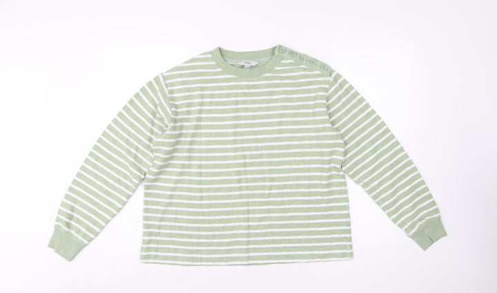 Marks and Spencer Women's Green Striped Cotton Pullover Jumper M