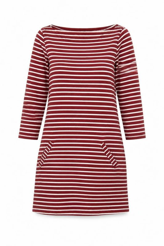 Front view of Hollister Women’s Red Striped Shift Dress, size S, Long Sleeve Casual