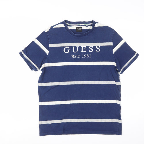 Guess Men's Blue White Striped Cotton Logo T-Shirt Size S Regular Fit