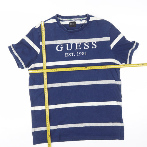 Guess Men's Blue White Striped Cotton Logo T-Shirt Size S Regular Fit