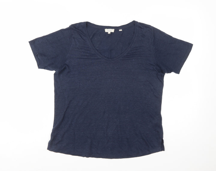 Fat Face Womens Blue Linen V-Neck Short Sleeve Basic T-Shirt Size 6